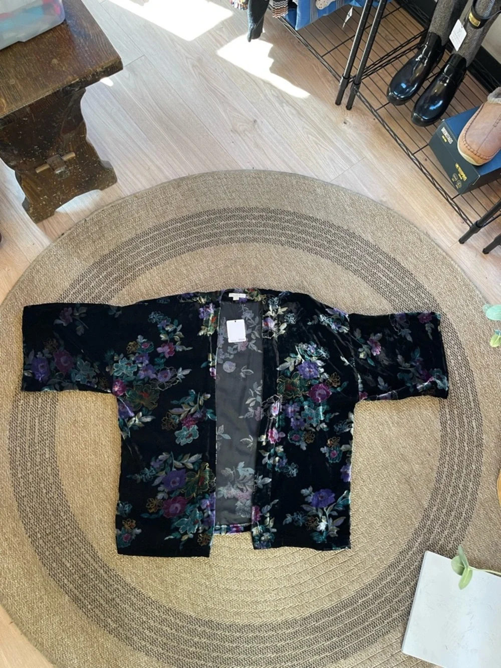 LOFT black velvet floral kimono open cardigan vibrant multicolor jewel tone - Picture 9 of 10